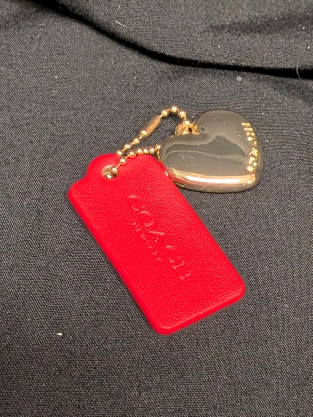 Coach Red Leather Tag & Gold Heart Charm Keychain